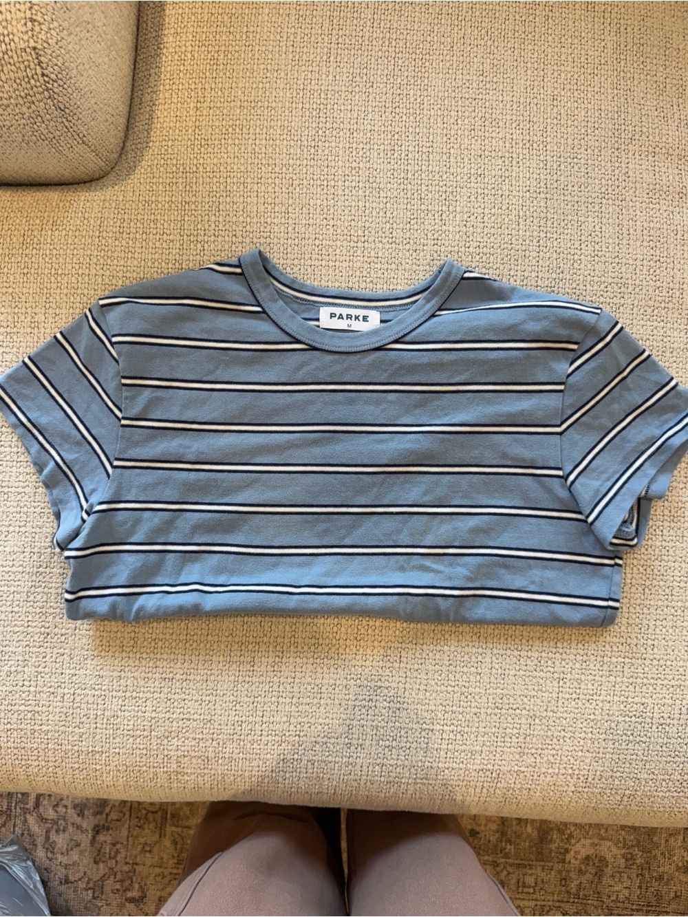 PARKE x Maggie & Emma Striped T-Shirt Blue White Baby Tee Womens Size M - Picture 5 of 7
